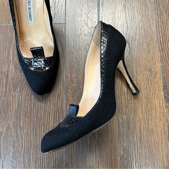 Manolo Blahnik Black wool blend/snakeskin pumps SZ 38 - Picture 3 of 9